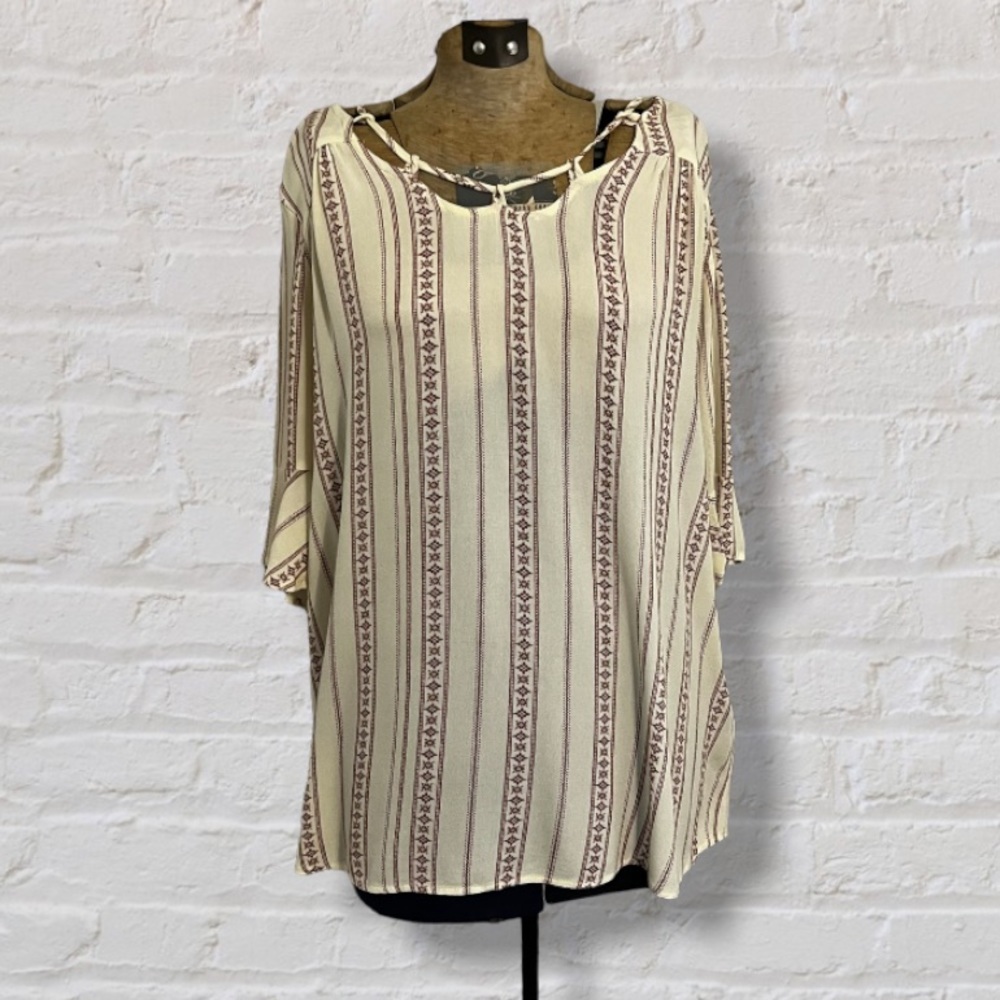 Blu Pepper Beige Red Striped Lattice Ribbon Neckline 3/4 Ruffle Sleeve Boho Top